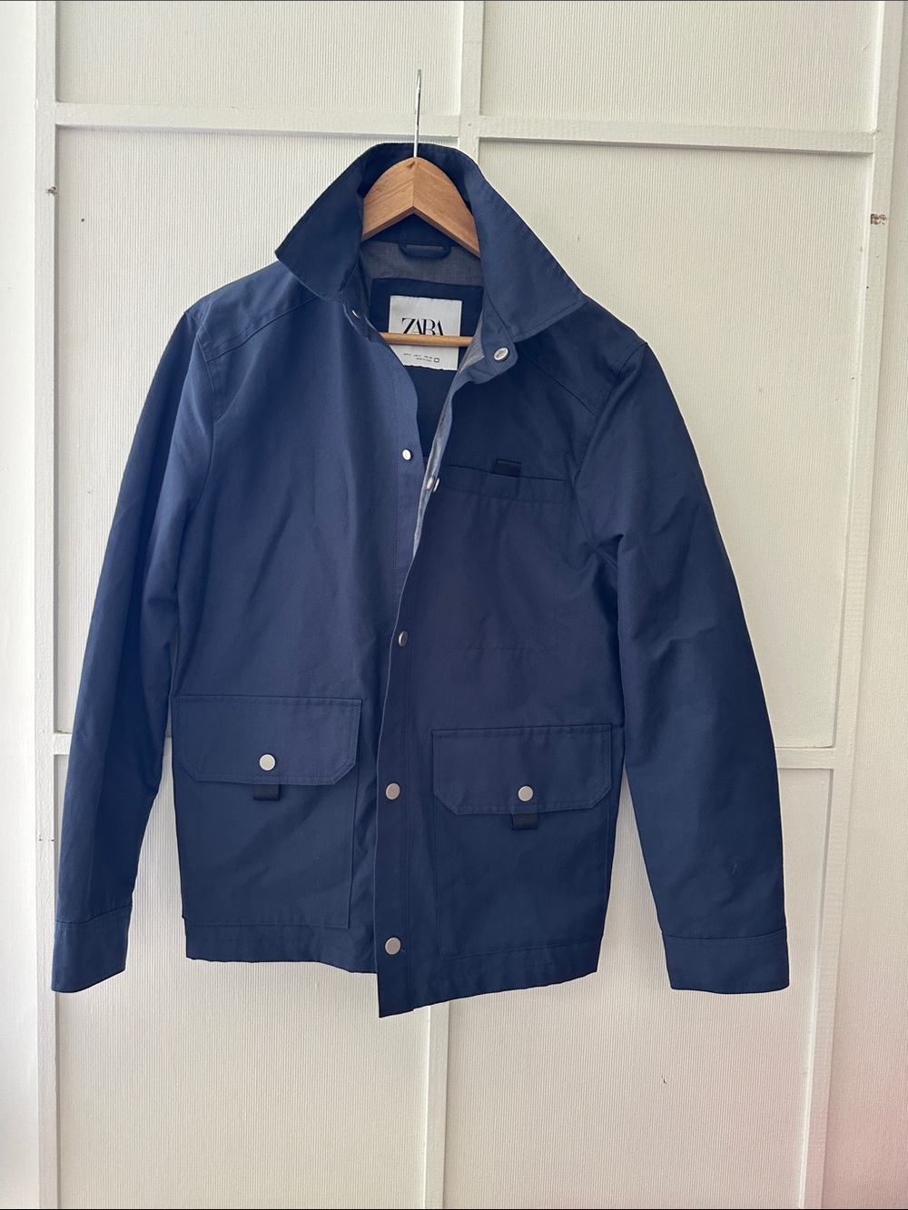 Zara Men's Navy Raincoat with Snap Pockets